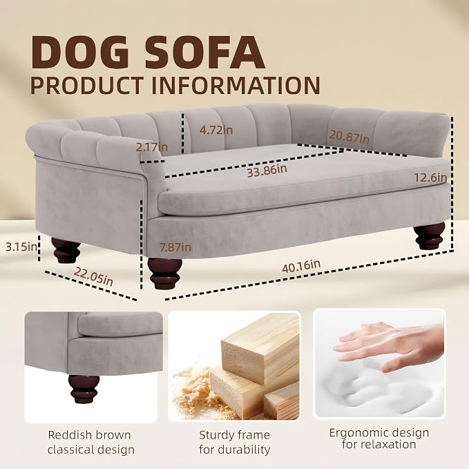 Dog Couch Sofa Bed, Comfortable Pet Sofa for Large and Medium Dogs, Soft Velvet Cushion, Durable Pet Furniture for Living Room, Washable Dog Bed for Couch 40.16‘’ (Gray)
