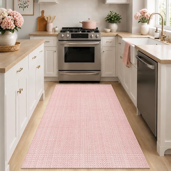 Rugalia Pink Woven Entryway Rug 3x5, Washable Cotton Indoor Outdoor Doormat Low Plie Non-Slip Kitchen Mat, Modern Farmhouse Natural Floor Carpet for Porch Living Room Bedroom Patio