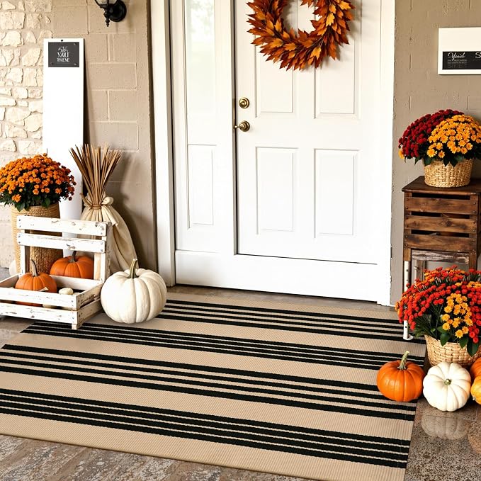 KIMODE Outdoor Rug Fall Decor 27.5"x43", Black and Khaki Striped Front Porch Rugs, Reversible Washable Front Door Mats, Hand Woven Welcome Layered Doormat Entryway Rug for Entrance Farmhouse