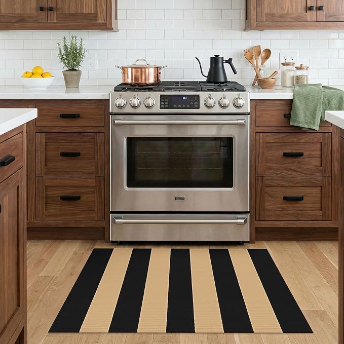 KOZYFLY Striped Rug 2x3 ft Brown and Black Stripes Doormat Cotton Woven Washable Indoor Outdoor Rug Front Door Mat for Entryway Porch Kitchen Patio Decor Small Area Rugs
