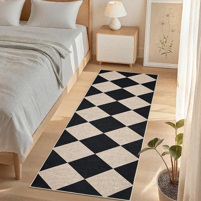 GarveeHome Checkered Easy Jute Runner Rug 2x6 Non-Slip Machine Washable Stain Resistant Indoor Outdoor Rugs for Living Room, Bedroom, Kitchen, Dining, Patio - Farmhouse Style Black