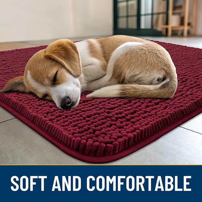 Smiry Dog Door Mat for Muddy Paws 59x35, Absorbent Dirt Trapper, Non-Slip Washable Chenille Entryway Rug for Inside Floor, Burgundy, Classic Solid
