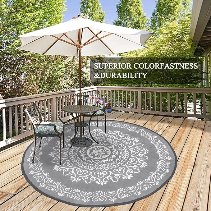 Pauwer Outdoor Rug 6ft, Waterproof Plastic Straw Camping Rug, Floral Grey | Reversible Patio Rug, UV Resistant Indoor Outdoor RV Mat Carpet For Deck, Camper, Porch, Balcony, Backyard, Picnic, Foldable