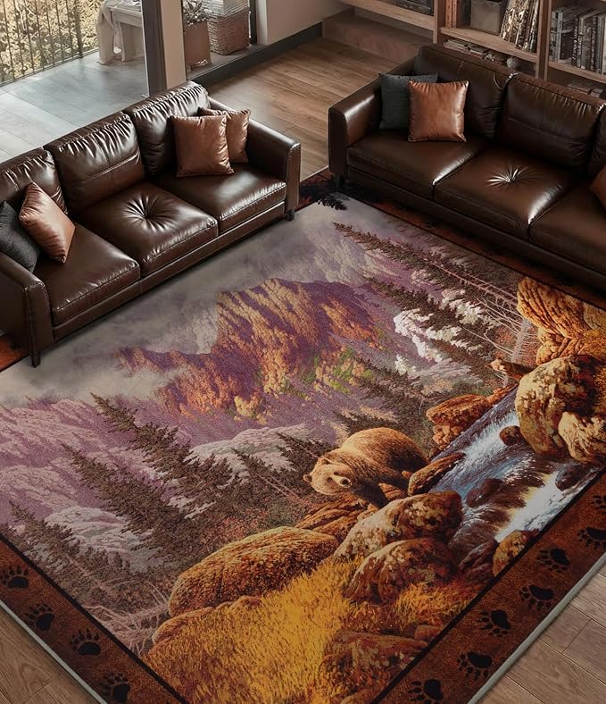 YIHOUSE Rustic Cabin Area Rug for Bedroom 8x10,Machine Washable Woodland Bear Rug,Non-Slip Low Pile Print Pattern Wildlife Rug for Living Room