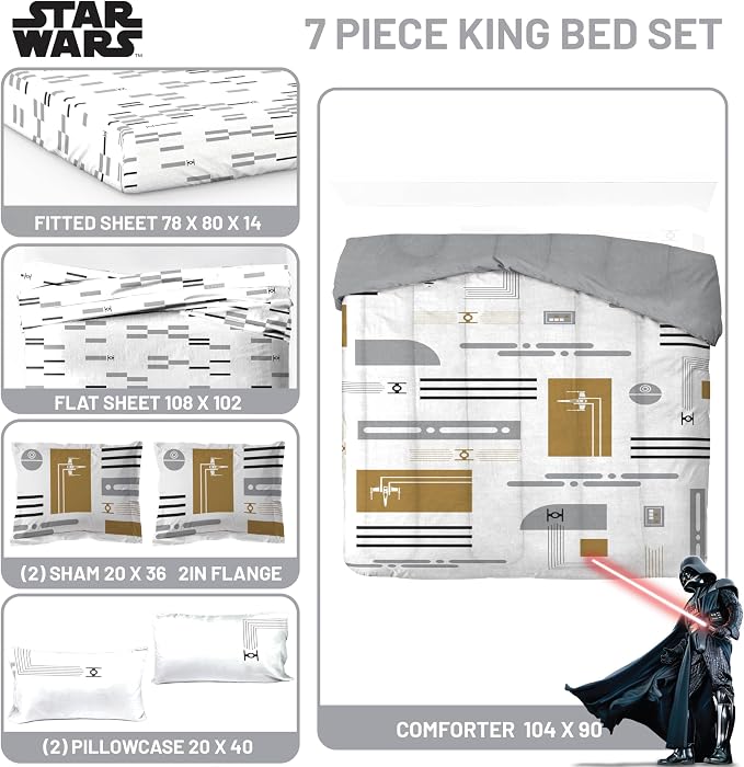 Jay Franco Star Wars King Comforter Set 7 Piece Soft Modern Bedding, White | Bed in a Bag, Comforter Sheets Shams Pillowcases, Official Product, Soft Microfiber, Machine Washable, Fan Gift