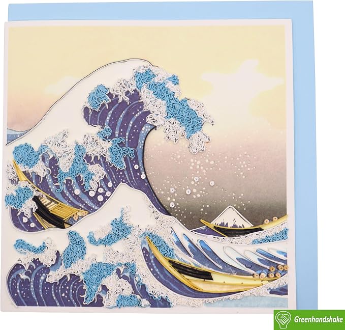Hokusai's The Great Wave at Kanagawa (1760-1849), Quilling Art Greeting Card - Design Greeting Card for Birthday, Valentine's Day, Mothers Day, Spring, Fathers Day, Graduation, Wedding, Anniversary, Thank You, Get Well, All Occasion. Framable Artwork f...
