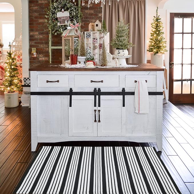 CAINANEL Black and White Striped Outdoor Rug 27.5'' x 43'' Front Door Mat Handwoven Cotton Indoor/Outdoor for Layered Door Mats,Welcome Door Mat, Front Porch,Farmhouse,Entry Way