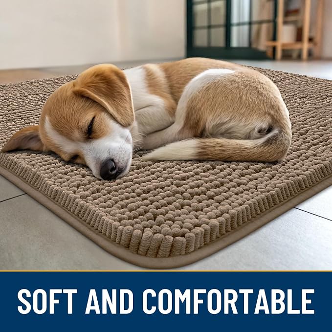 Smiry Dog Door Mat for Muddy Paws 59x24, Absorbent Dirt Trapper, Non-Slip Washable Chenille Entryway Rug for Inside Floor, Camel, Classic Solid