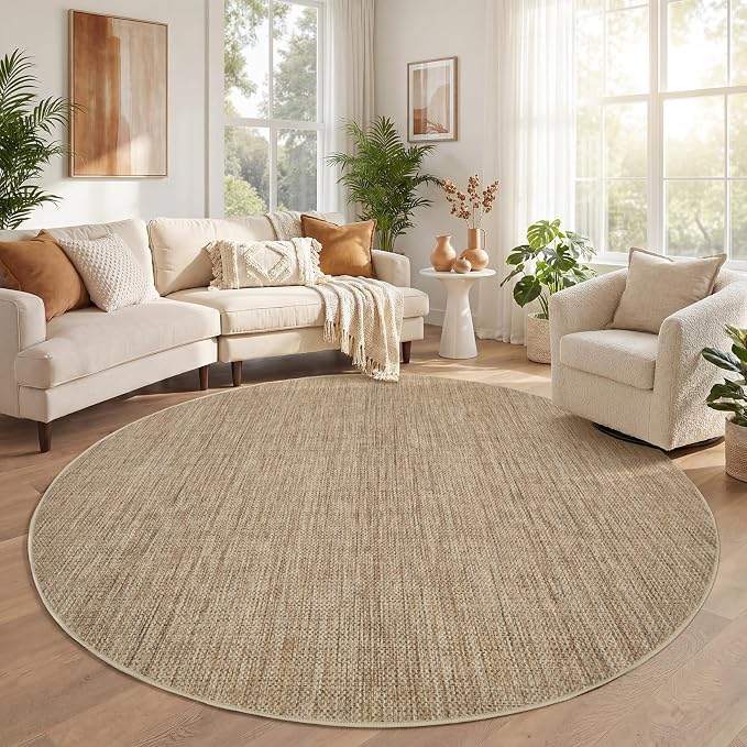 GarveeHome 6ft Washable Round Rug Large Bedroom Easy Jute Area Rugs | Modern Solid Non Slip Living Room Circle Rugs Stain Resistant Throw Carpet Round Area Rugs for Kitchen Nursery Entryway, Tan