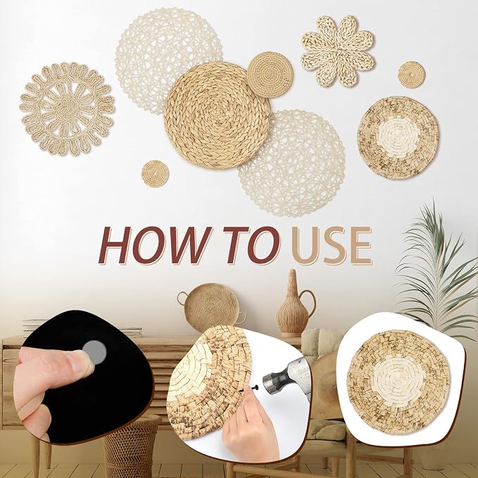 Glenmal 13 Pcs Boho Wall Basket Decor Set Woven Rattan Seagrass,Plain