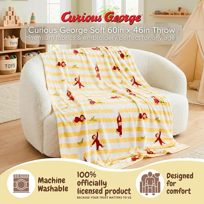 Curious George Monkey Kids Throw Blanket, 46 in x 60 in, Soft Cozy Decorative Blanket for Couch, Bed, or Travel (Officially Licensed Product) by Franco