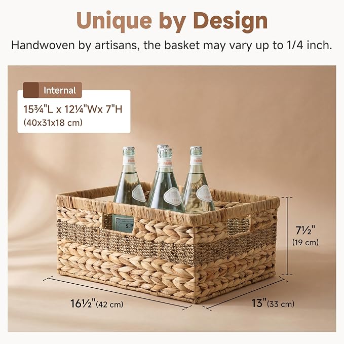 StorageWorks Jumbo Rectangular Wicker Basket, Water Hyacinth and Seagrass Storage Basket with Built-in Handles, 1 Pack | Woven Storage Baskets Water Hyacinth Seagrass,Large Seagrass Basket,Wicker Storage Baskets for Shelves,Woven Baskets