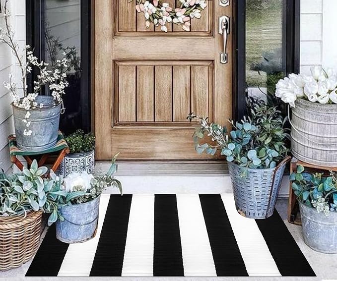 Black and White Striped Rug Doormat 24"x35" Washable Front Porch Rug Farmhouse Layered Door Mats Outdoor