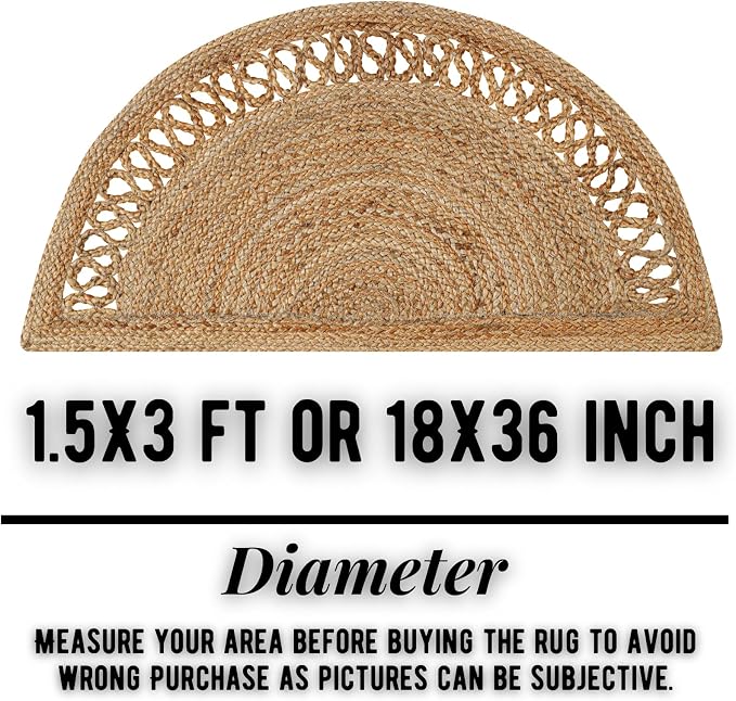 Boho Braided 1.5x3 Area Rug - Jute Natural Fiber Half Circle Rug for Living Room Entryway, Farmhouse, Home, Indoor Rug Jute Door mat for Bathroom, Kitchen (Beige 1.5 X 3 ft)