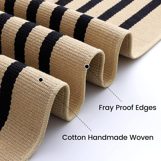 OLANLY Brown and Black Striped Rug 2' x 3' (24" x 36") – Washable Cotton Doormat for Indoor Outdoor Use, Layered Front Porch Rug for Entryway, Kitchen, Patio