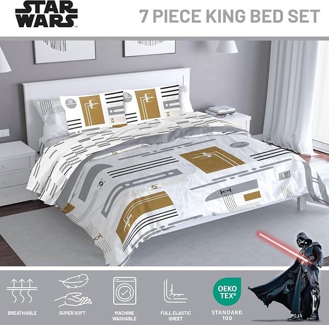 Jay Franco Star Wars King Comforter Set 7 Piece Soft Modern Bedding, White | Bed in a Bag, Comforter Sheets Shams Pillowcases, Official Product, Soft Microfiber, Machine Washable, Fan Gift