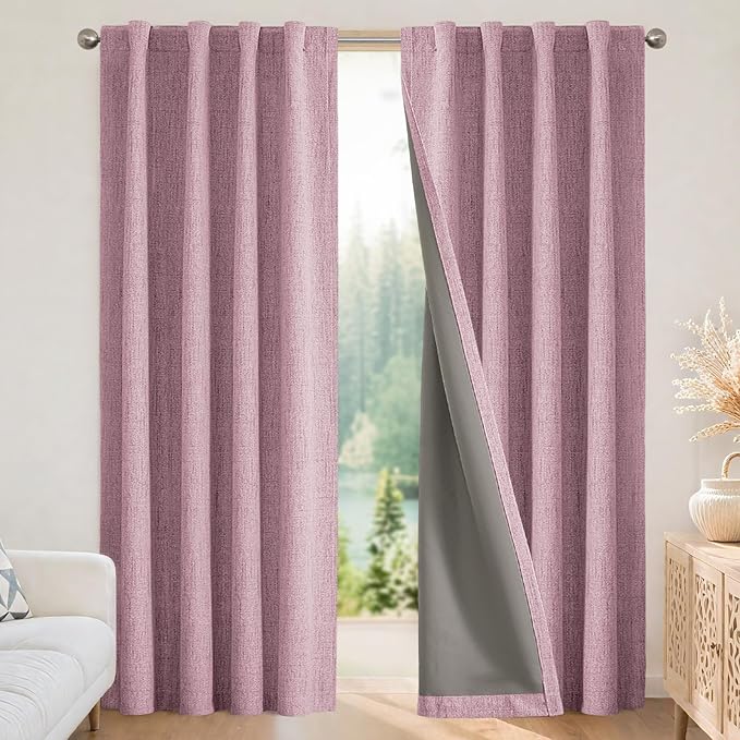 Joydeco Linen Blackout Curtains for Bedroom - 100% Light Blocking 1 Panels, Pink Drapes 70" W x 108" L, Thermal Insulated Room Darkening Curtains for Living Room, Rod Pocket & Back Tabs