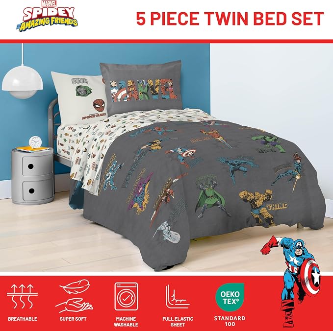 Marvel Comics Avengers Twin Comforter Set 5 Piece Bedding for Boys, Gray | Hulk Captain America, Comforter Sheets Sham Pillowcase, Official Product, Microfiber, Machine Washable, Boys Gift