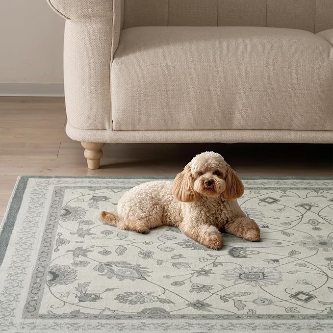 EVERGRACE Area Rugs for Living Room 8x10, Boho Floral Faux Wool Indoor Outdoor Rugs, Washable Rugs for Bedroom Dining Room Entryway Kitchen, Low Pile Floor Mat Carpet for Home Decor, Cool Gray
