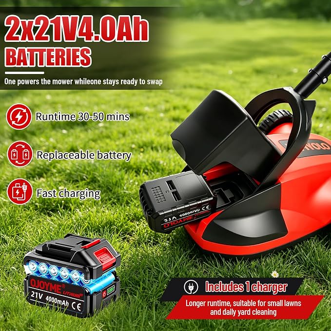 Mini Cordless Lawn Mower, 9 Inch Electric Grass Cutter, Red | Lightweight Push Mower with 2 x 21V 4.0Ah Batteries,Brushless Motor, Adjustable Cutting Heights for Small Yard & Garden