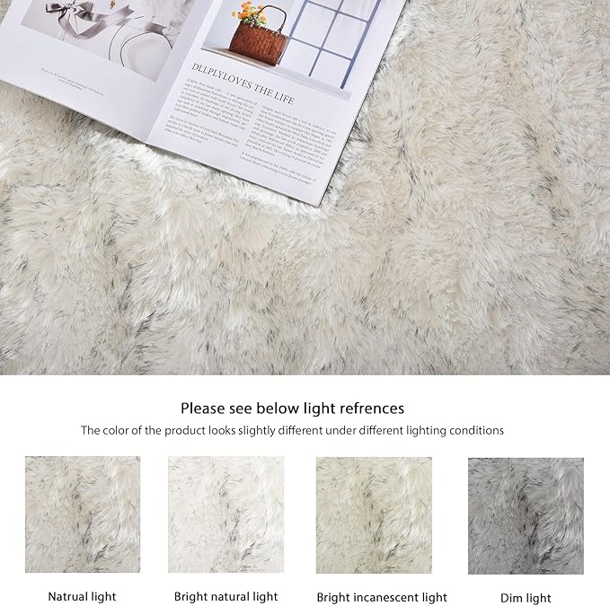 ORINOVA 5x7 Area Rug White and Gray Washable Shaggy Faux Sheepskin Fur Rug for Living Room Large Nursery Rug Teen Room Home Décor