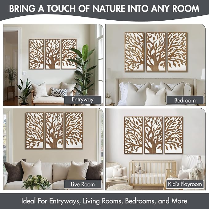 Madison Park Wall Décor for Living Room - Birch Botanical Two-Tone, Home Accent Modern Kitchen Dining Decoration, Ready to Hang 3-Piece Wood Panel Set for Bedroom, 16"W x 32"H, Tree of Life