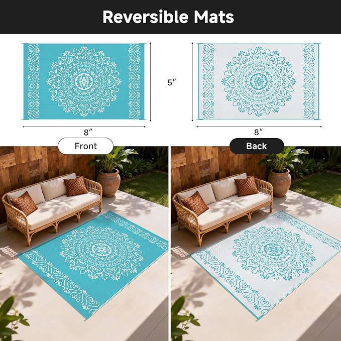 Pauwer Outdoor Rug 5x8, Waterproof Plastic Straw Camping Rug, Floral Teal | Reversible Patio Rug, UV Resistant Indoor Outdoor RV Mat Carpet For Deck, Camper, Porch, Balcony, Backyard, Picnic, Foldable