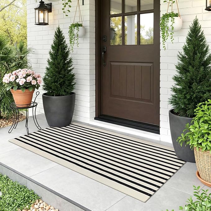 KOZYFLY Beige and Black Striped Runner Rug 2x4.3 ft Cotton Woven Washable Indoor Outdoor Doormat Small Front Door Rug for Entryway Porch Kitchen Hallway Patio Laundry Room
