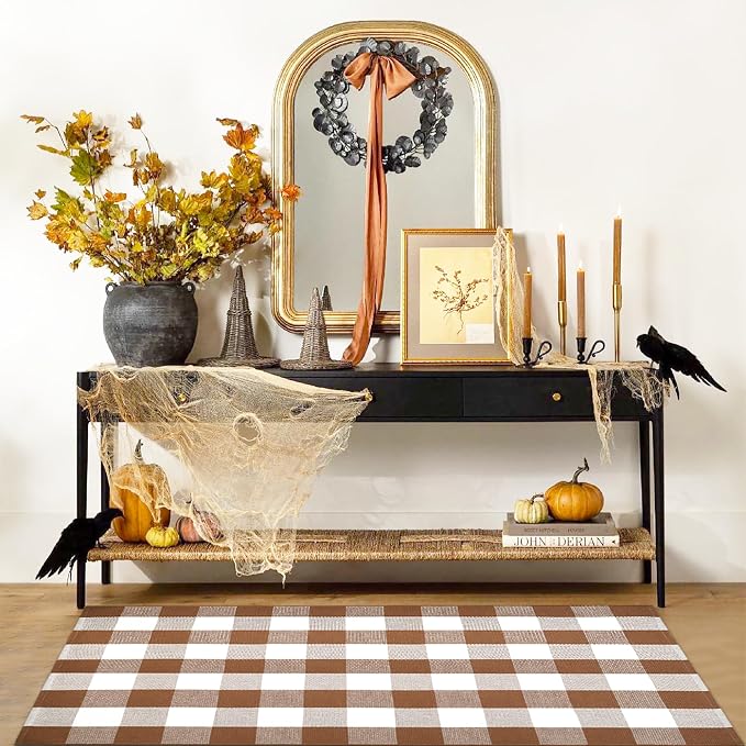 Ckorzen Coffee and White Plaid Rug, 4' x 6' Outdoor Front Porch Door Decor Mat, Washable Cotton Woven Farmhouse Area Rug for Layered Door Mats Carpet, Entryway, Easter Décor