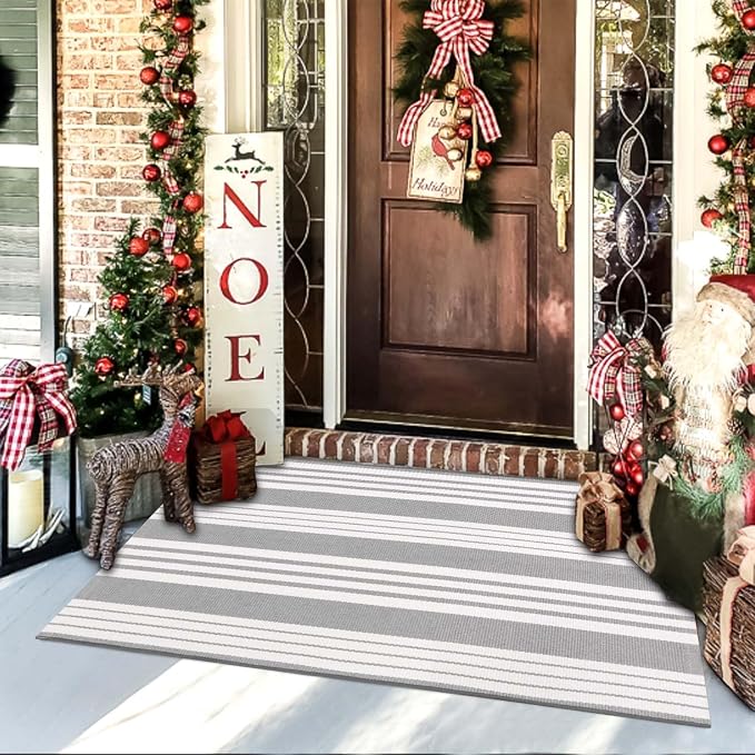 OJIA Front Door Rug 24"x51" Gray and White Striped Outdoor Rug Porch Decor | Machine Washable Porch Rug Front Door Mat Outdoor Indoor Area Rugs Cotton Woven Entry Mat for Home Entrance/Farmhouse Decor