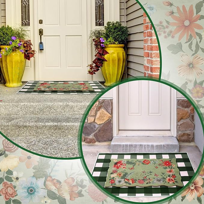Fourluoo 2 Piece Floral Door Mat Floral Scalloped Coco Coir Doormats Green and White Plaid Welcome Mat 28 x 40 Inch Non Slip Boho Layering Front Door Rug for Indoor Outdoor Entrance Front Porch