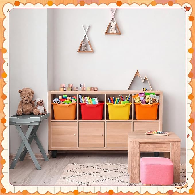 Dandat 32 Pcs Plastic Book Bins for Classroom Library Cubby Bins Scoop Front Stackable Toy Storage Tubs Containers for School Office Home Nursery Playroom Organization (Bright Color)