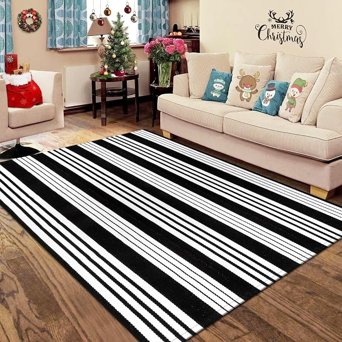 OJIA Outdoor Rugs 5'x7' Patio Rug Washable Carpet Black & White Camping Rug | Machine Washable Outdoor Rug Cotton Woven Area Rug Farmhouse Indoor Carpet for Front Door/Porch/Deck/Backyard/Balcony Decor