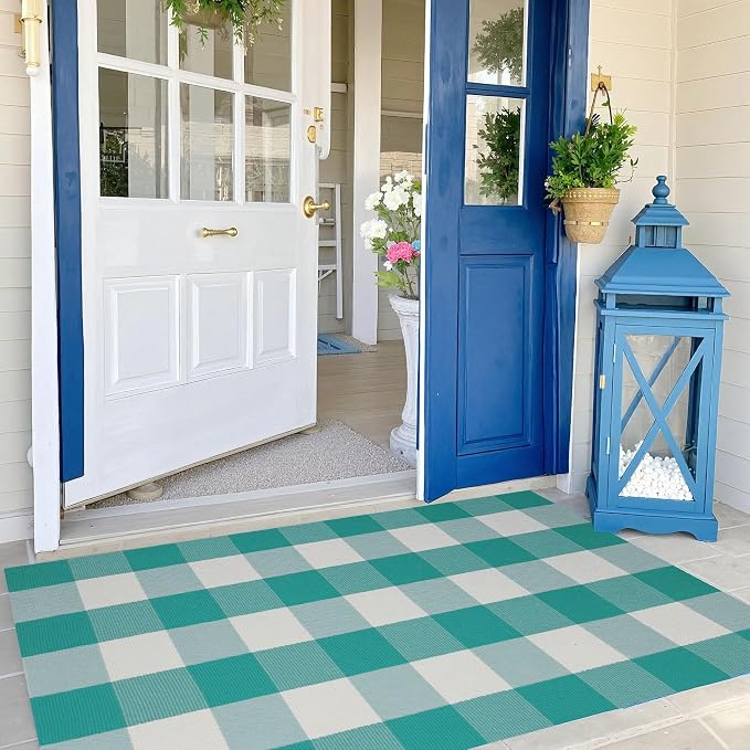Buffalo Plaid Outdoor Rug 27.5" x 43" Teal Green and White Checkered Area Rug Washable Doormats Indoor Outdoor Rugs for Layered Front Door Mats, Porch, Entryway, Kitchen, Farmhouse