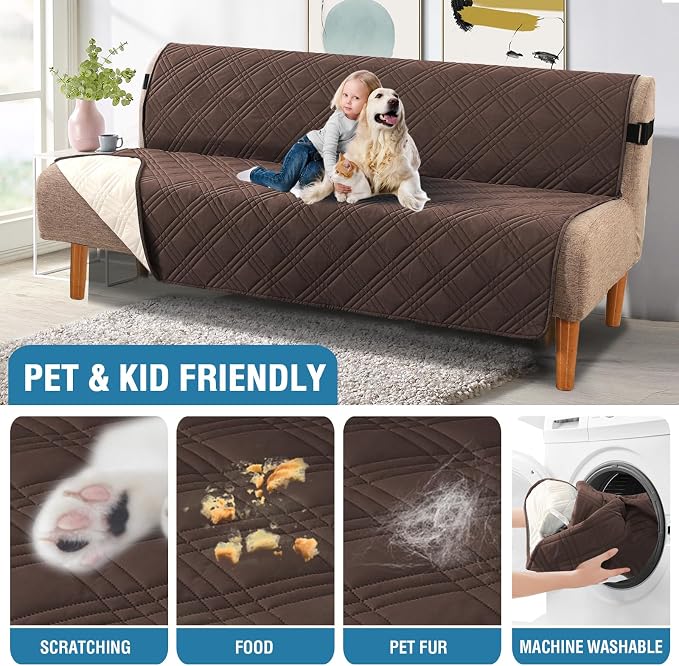 H.VERSAILTEX 100% Waterproof Futon Cover Reversible Sofa Bed Cover Armless Sofa Covers Washable Soft Sturdy Furniture Protector with Adjustable Elastic Strap Anti-Slip, Brown/Beige