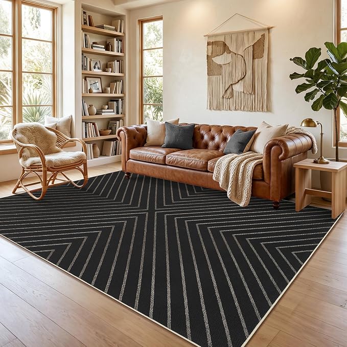 Garvee Easy Jute Rug 4x6 Entryway Rug, Stain Resistant Indoor Outdoor Area Rugs for Patio Low Pile Thin Non Shedding Pet Friendly Carpet for Office Striped Minimalism Area Rug 4'x6' Black