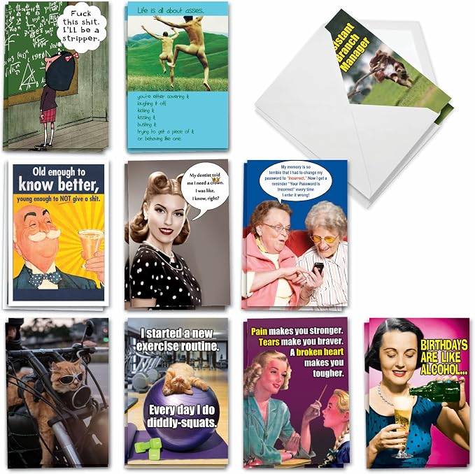 NobleWorks 20 Assorted Box Set Funny Birthday Notecards w/Envelopes for Men, Women (2x10 Designs) Naughty Humor A Very Funny Birthday AC5979BDG-B2x10