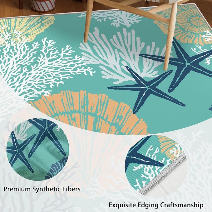 Tritard Coastal Area Rugs Nautical Beach Themed Non-Slip Machine Washable Rugs Modern Floor Carpet for Living Room Bedroom, 5x7, Teal and Turquoise