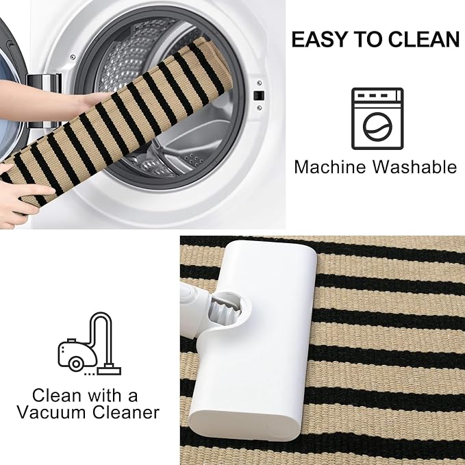 LEEVAN Black and Tan Striped Outdoor Rug, 2 x 3 Small Cotton Front Porch Rug Washable Front Door Mat Outside Entrance, Woven Reversible Welcome Mat Modern Outdoor Entry Layering Rug for Bathroom