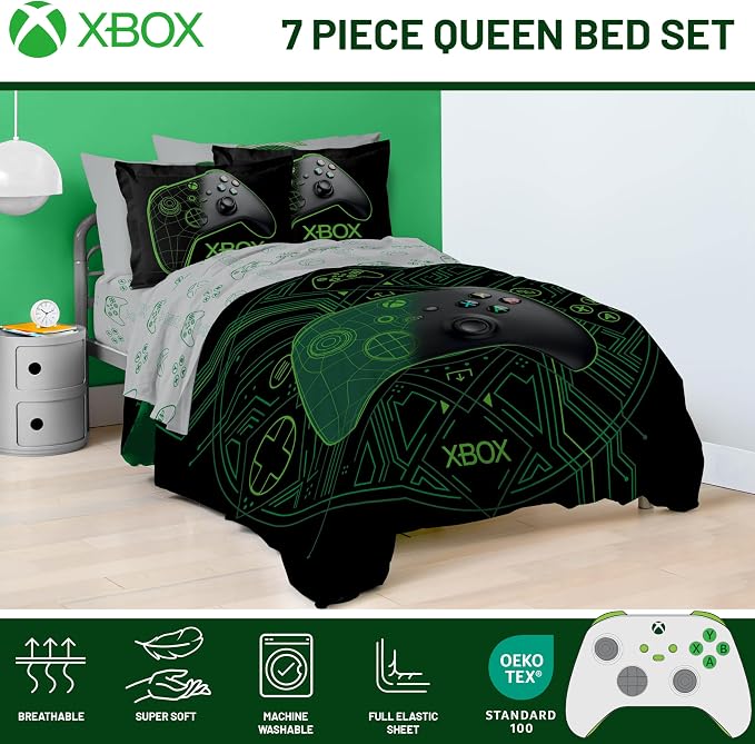 Jay Franco Kids Comforter Set Includes Sheets and Pillow Covers - Soft and Cozy Bed Set for Stylish Room Decor, Official Licensed Product, White - Xbox, 7 Piece Queen
