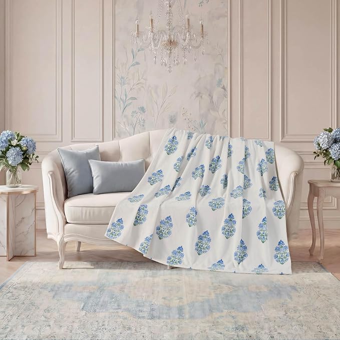 Oversized Plush Throw Blanket 60" x 70", Floral Block Print Blue