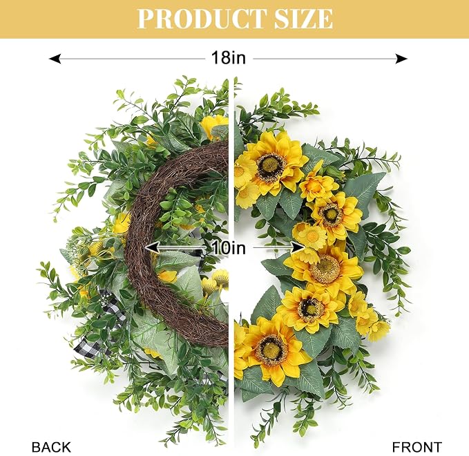 Garvee Summer Wreaths for Front Door, 18" Artificial Sunflower Wreath | Faux Greenery Wreath with Yellow Floral and Buffalo Check Bow, for Farmhouse Porch Window Wall Home Decor