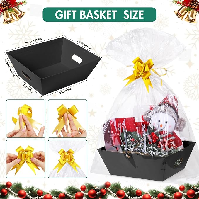 10PACK Black Baskets For Gifts Empty, 10x12”Thick Kraft Gift Basket with 10 Bows 10 Bags Empty Gift Baskets for Christmas, Easter, Birthdays, Snacks, Farmers Market