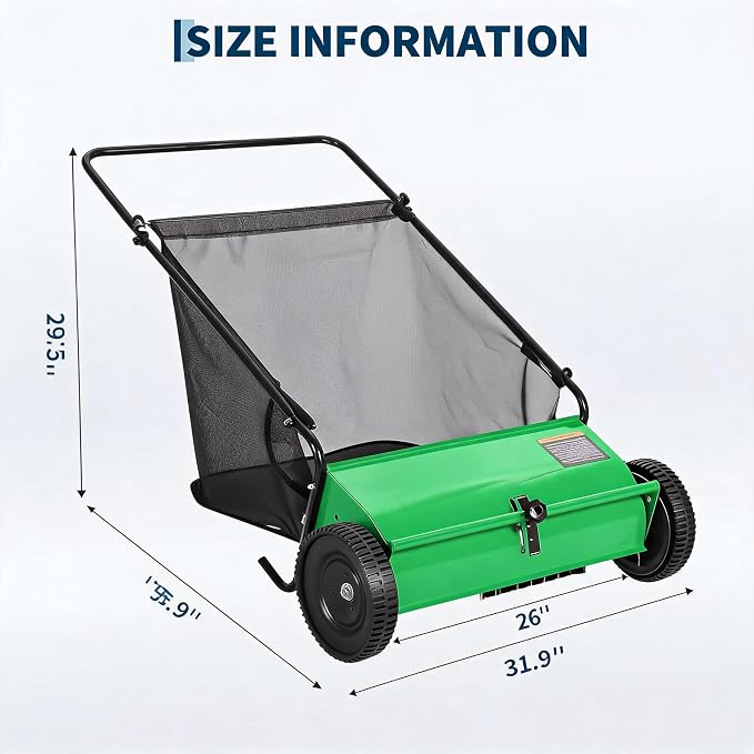 Heavy Duty 26-Inch Push Lawn Sweeper – 4 High-Speed Spinning Brushes | Durable Steel Frame, 7 Cu. Ft. Removable lawn mower, Ideal for Leaf & Grass Collection on Yard, Garden, Patio, Driveway –