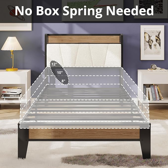 LIKIMIO Twin Bed Frames, Storage Headboard with Charging Station, Solid and Stable, Noise Free, No Box Spring Needed, Easy Assembly, Wood and Cream