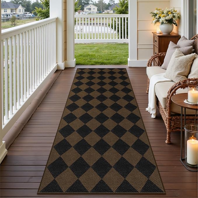 Rugalia Easy Jute Checkered Runner Rug, 2.6x8 Coffee Modern Washable Rugs Runner for Hallway Non-Slip Kitchen Runner Rug, Geometric Diamond Indoor Outdoor Carpet for Porch Laundry Entryway