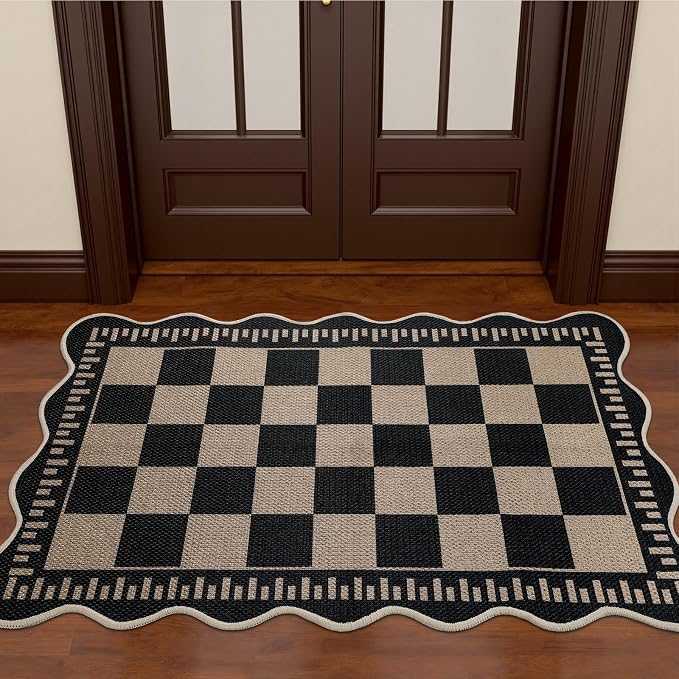 EDIMENS 2x3 Front Door Mat Easy Jute Scalloped Doormat Small Entryway Rug | Checkered Non-Slip Washable Area Rug Low Pile Black Indoor Outdoor Farmhouse for Entrance Entry Front Porch Doorway