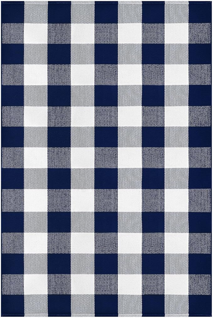 KOZYFLY Buffalo Plaid Area Rugs 3x5 ft Blue and White Washable Front Door Mat Woven Cotton Indoor Outdoor Rug for Front Porch Kitchen Entryway Patio Farmhouse Checkered Doormat