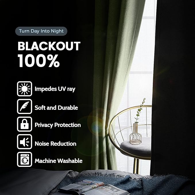 SimpleHome 100% Blackout Curtains for Bedroom,Thermal Insulated Sage Grommet Window Drapes Room Darkening Curtains for Living Room with Black Back,38 x 84 Inch,2 Panels