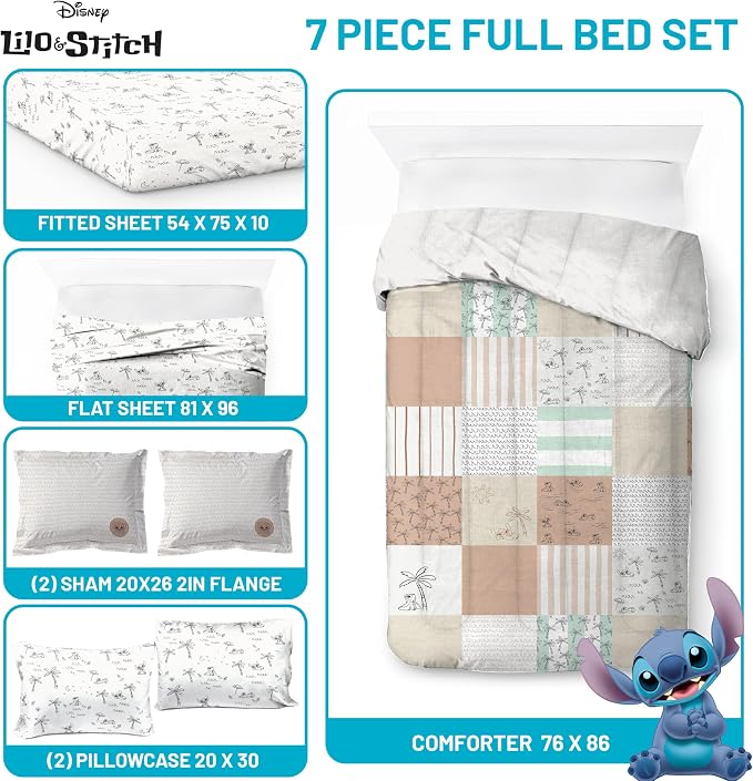 Disney Lilo and Stitch Full Size Comforter Set 7 Piece Bedding, Multi | Bed in a Bag, Comforter Sheets Shams Pillowcases, Official Product, Soft Microfiber, Machine Washable, Girls Gift